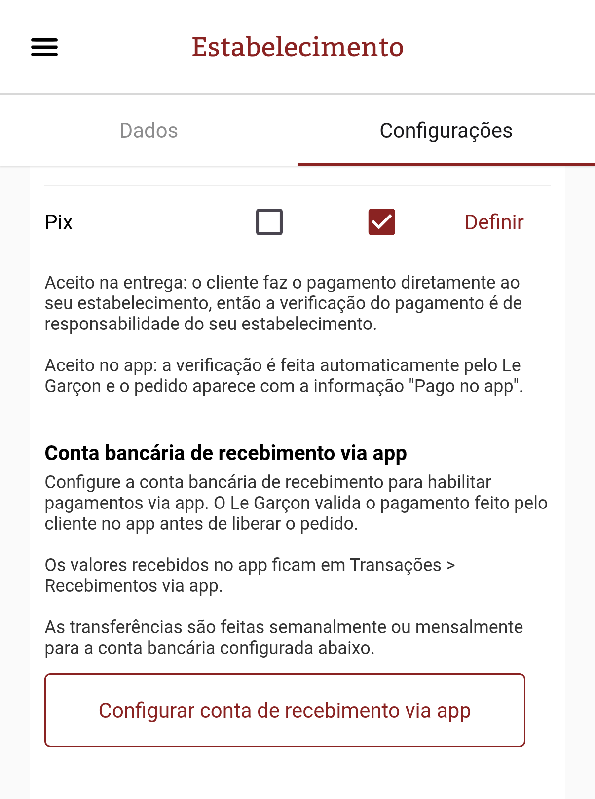 Tela de configurações com opção de conta de recebimento via app