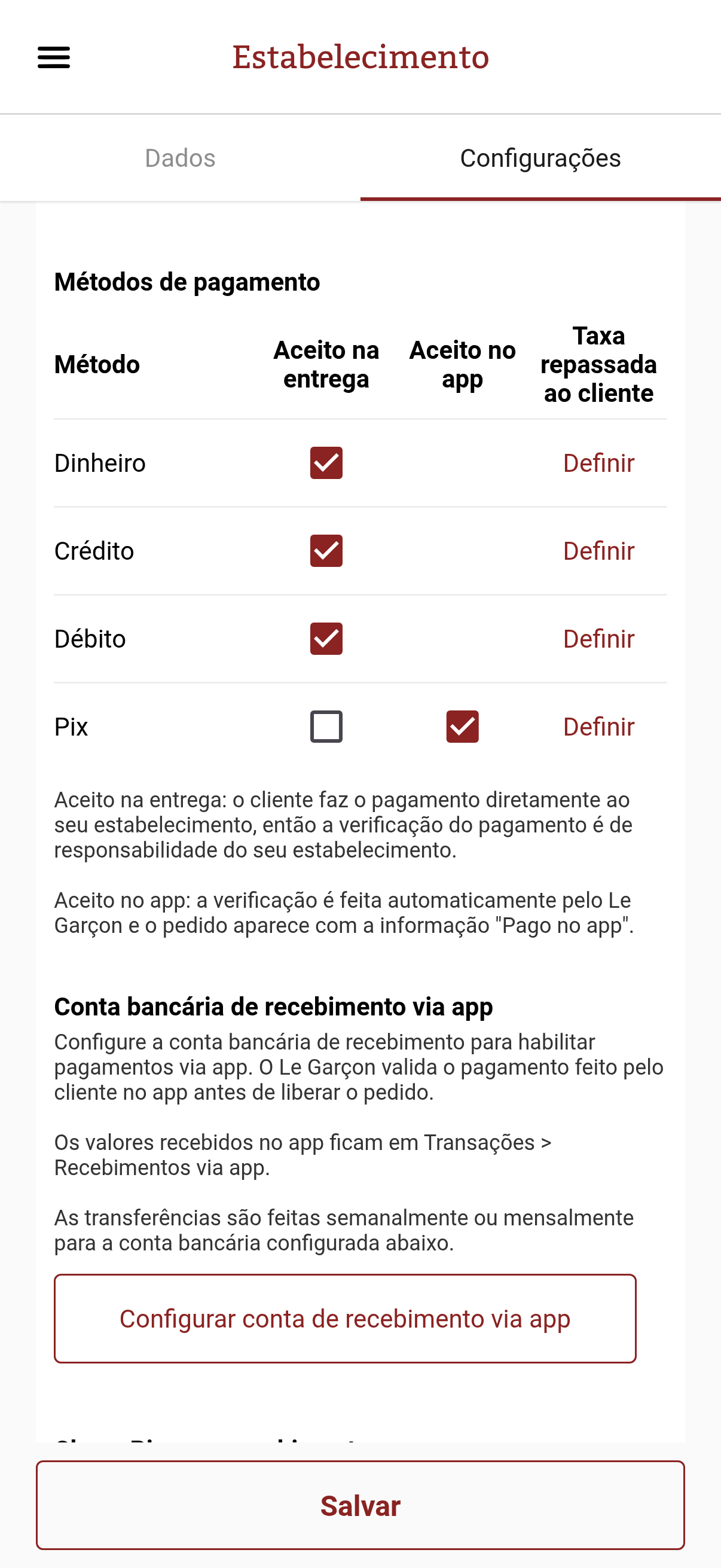 Área para habilitar Pix como aceito no app