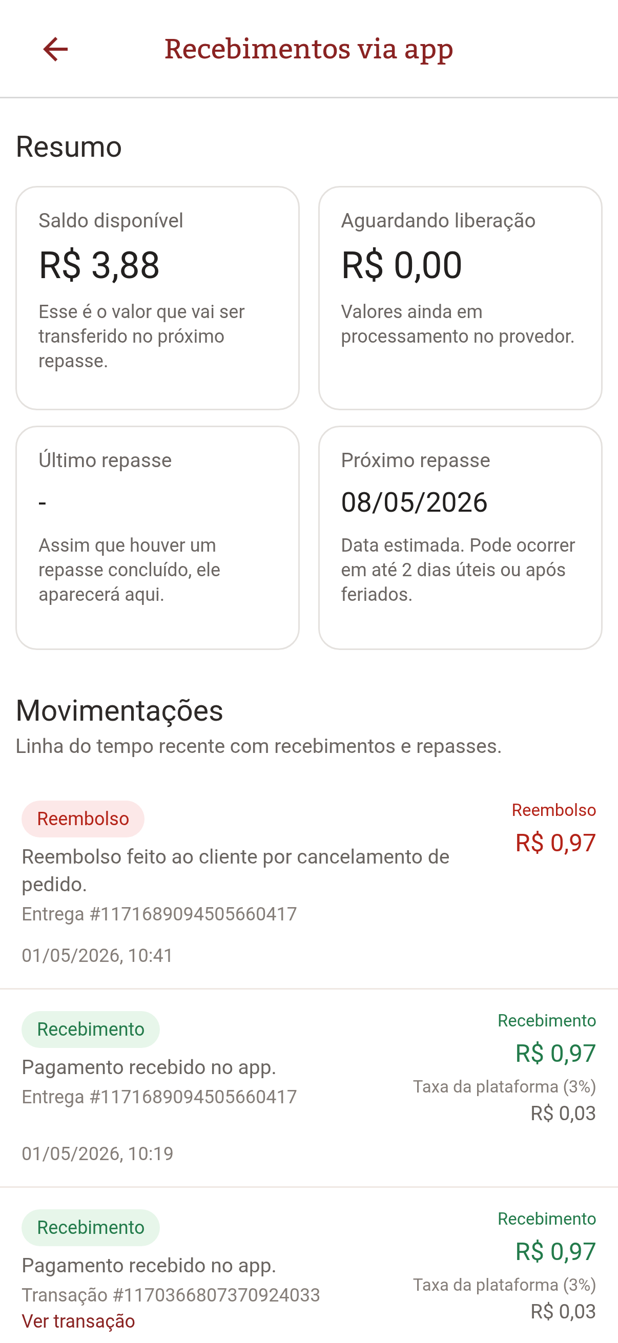 Tela de recebimentos via app no Le Garçon Gerência